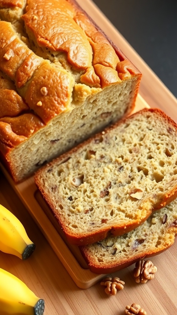 A loaf of banana bread sliced on a cutting board, showcasing its moist texture, with bananas and walnuts nearby.